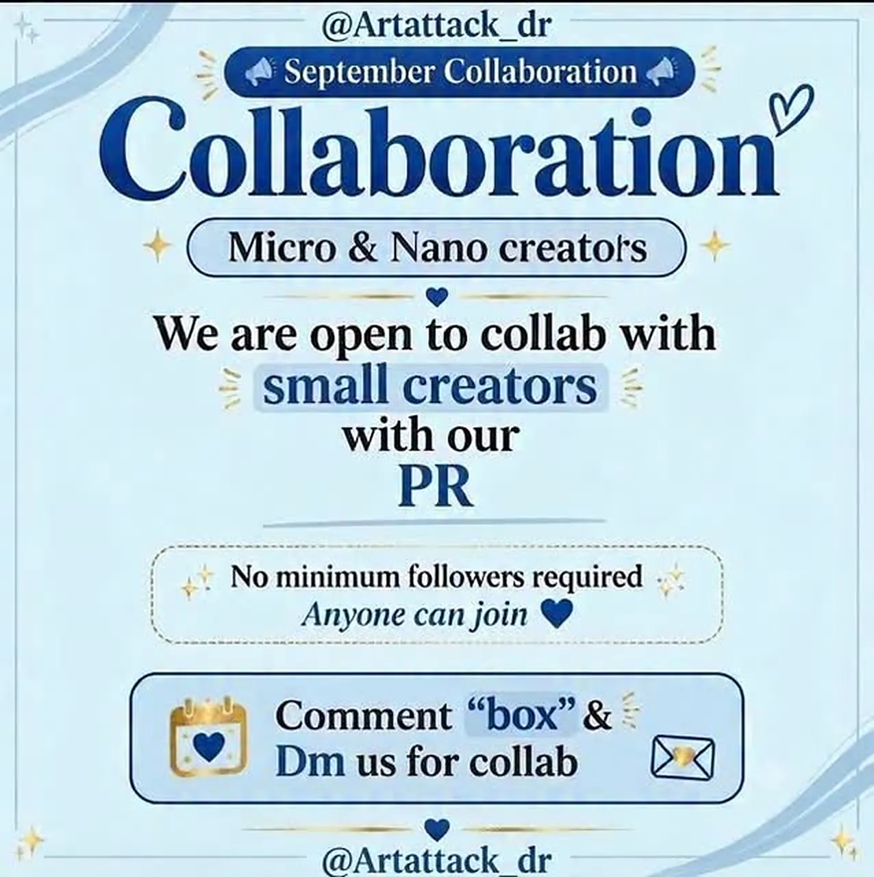 Artattack September collaboration poster: open to micro and nano creators, no minimum followers required